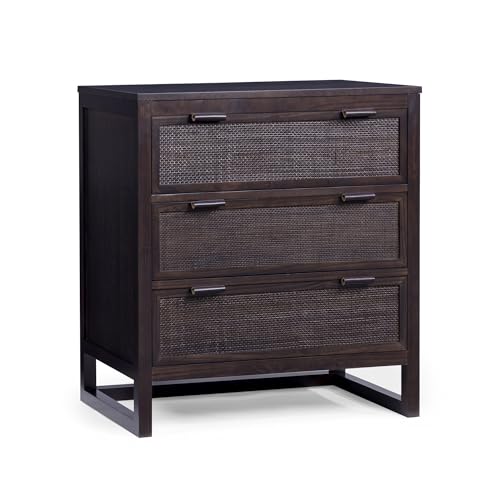 Teamson Home Hatteras 76 cm Wide Bedroom Dresser Chest of Drawers with 3 Rattan Inset Drawers, Mocha Brown Finish and Compact Storage Design, Espresso