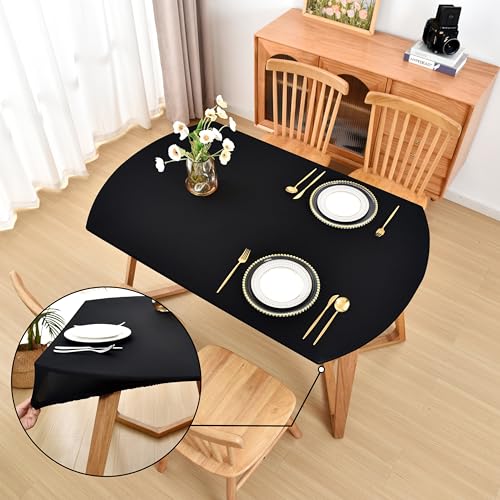 Amonsa Oval Black Fitted Tablecloth with Elastic 42x60 inch for Oval Tables Washable Stretchy Spandex Fabric Table Cover Cloth Not Vinyl Table Protector