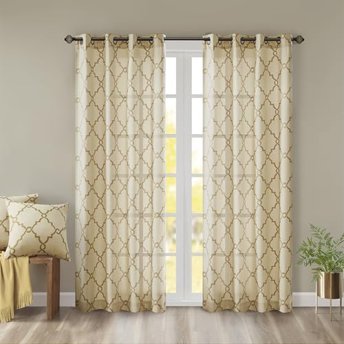 Madison Park Saratoga Window Curtain Light Filtering Fretwork Print 1 Panel Grommet Top Drapes/Valance for Living Room Bedroom and Dorm, 50x63, Beige/Gold