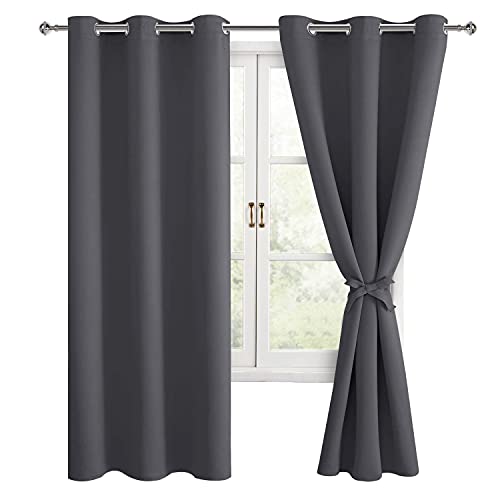 Hiasan Blackout Curtains for Bedroom, Thermal Insulated, Light Blocking, Noise Reducing Window Curtain Panels, Tiebacks Included, Set of 2, Grommet Top (Dark Grey, Width 38 Inch x Length 72 Inch)