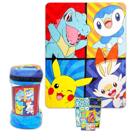 "Pokemon Fleece Blanket Set - Bundle with 46"" x 60"" Pokemon Blanket, Stickers, More for Kids, Toddlers, Children - Pikachu Fleece Throw for Boys, Girls"