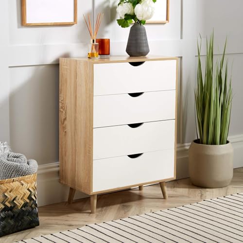 Home Source Chest of 4 Drawers Bedroom Storage Cabinet, Solid Wood Legs, Scandi Style, Oak Effect