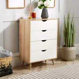 Home Source Chest of 4 Drawers Bedroom Storage Cabinet, Solid Wood Legs, Scandi Style, Oak Effect