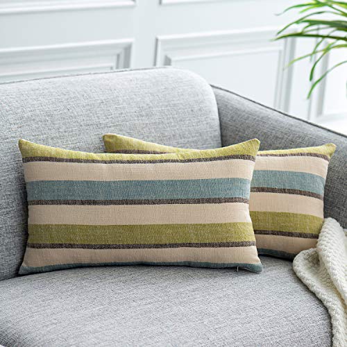 Natus Weaver 2 Pieces Decorative Classic Retro Stripe Throw Pillow Cover with Hidden Zipper Soft Linen Modern Farmhouse Lumbar Cushion Case for Sofa Bedroom Car 12 x 20 Inch Green Blue Mixed