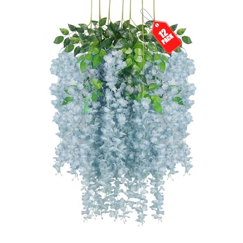 ZEBMOON 12 Pack Grey Wisteria Hanging Flowers, 3.44 Ft Fake Hanging Flowers, Artificial Wisteria Garland Vines for Wedding Room Backdrop Outdoor Patio Garden Decoration