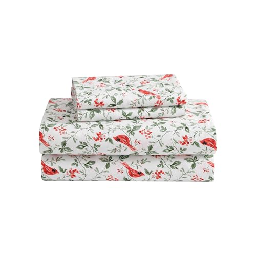 Laura Ashley - Full Sheets, Breathable Cotton Flannel Bedding with Deep Pockets, Brushed for Extra Softness & Comfort, Oeko-Tex Certified (Jolly Cardinals Green, Full)