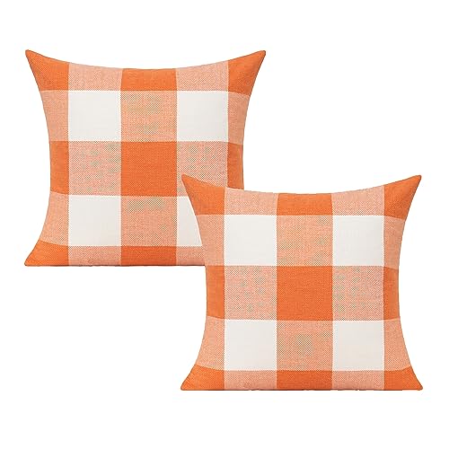 VAKADO 20x20 Inch Pack of 2 Farmhouse Retro Check Plaids Cushion Covers Decorative Linen Rustic Fall Thanksgiving Cushion Cases for Sofa Bed Couch, Orange White