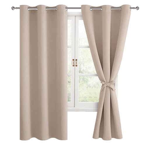 Hiasan Blackout Curtains for Bedroom, 42 x 72 Inches Long - Thermal Insulated & Light Blocking Window Curtains for Living Room/Kids Room, 2 Drape Panels Sewn with Tiebacks, Camel