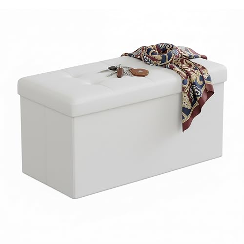 Relaxdays folding storage bench, faux leather, padded, hallway or bedroom, HxWxD: 38 x 76 x 38 cm, white