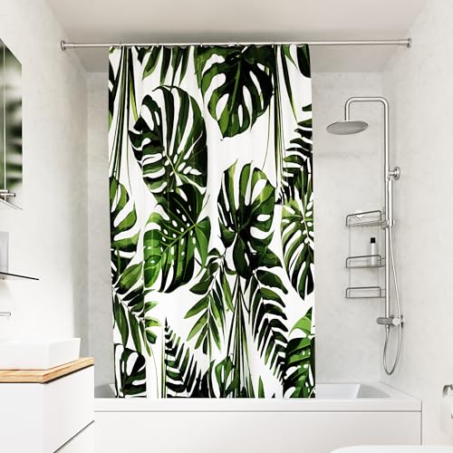 Croydex Shower Curtain with Green Botanical Leaves Design - 100% Polyester with a Weighted Hem, Machine Washable and coated with Proseal for Water Repellence, 1800x1800mm