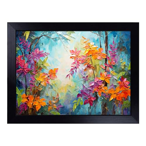 Lap Tray with Bean Bag Cushion, Jungle Palette Knife - Handmade in the UK, Raised Wooden Edge, Padded Cushion, Heat-Resistant Wipe-Clean Surface, for Meals, Laptops and Crafts