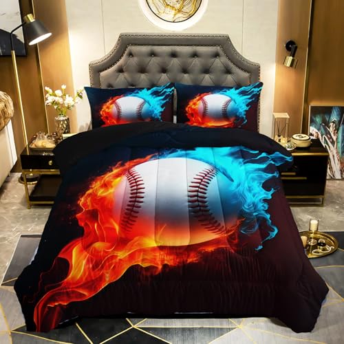 QOOMO 3Pcs Baseball Comforter Set Twin,Fire and Water Bedding Set for Teens Boys Girls,3D Sports Printed Comforter with 2 Pillowcases,Down Alternative,Soft and Lightweight