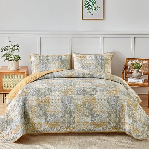 Mybedsoul - Boho Duvet Cover Set Queen Size 3 Piece Floral Grey Yellow Check Microfiber Lightweight Patchwork Bedding Set All