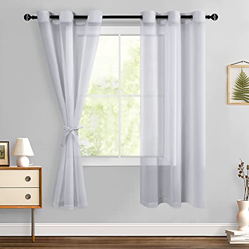 Hiasan Grey Sheer Curtains with Tiebacks, Light Filtering Airy Voile Textured Drapes Lightweight Grommet Window Curtains for Bedroom, Living Room, Patio Sliding Door, W42 x L63, 2 Panels