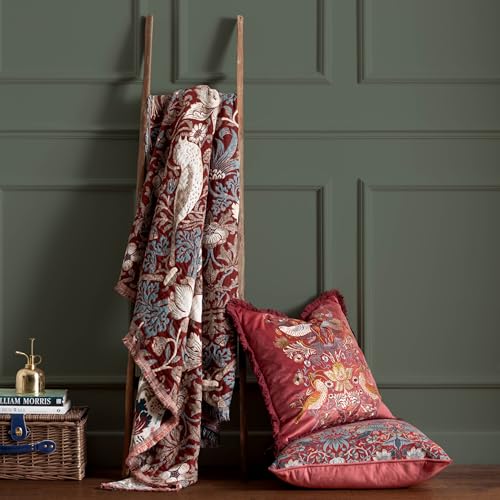 Morris & Co. Strawberry Thief Throw – Embroidered Bird & Floral Jacquard Blanket (Berry - 130x170cm)