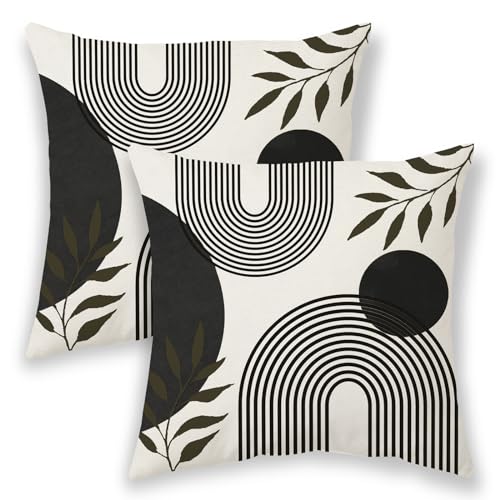 BETGINY Boho Summer Pillow Covers 16x16 Inch 2 Pcs, Black and Tropical Leaf Outdoor Decorative Throw Pillows, Mid Century Abstract Art Farmhouse Decor Pillowcase Linen Cushion Cover for Couch Sofa
