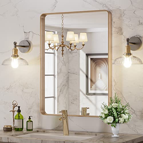 LOAAO 22”X30” Gold Bathroom Mirror, Rounded Rectangle Gold Frame Mirror, Brushed Gold Bathroom Vanity Mirror Wall-Mounted, Anti-Rust, Tempered Glass, Hangs Horizontally or Vertically