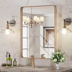 LOAAO 22”X30” Gold Bathroom Mirror, Rounded Rectangle Gold Frame Mirror, Brushed Gold Bathroom Vanity Mirror Wall-Mounted, Anti-Rust, Tempered Glass, Hangs Horizontally or Vertically