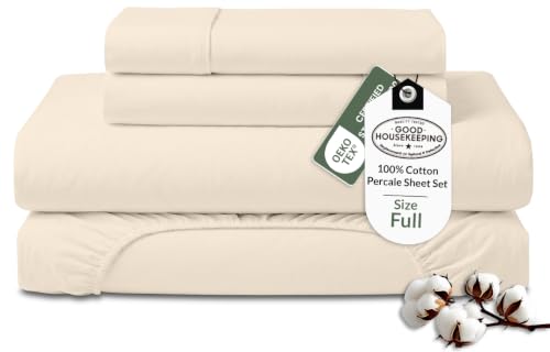 Royale Linens 100% Organic Cotton Full Sheet Set - Percale Weave - 4 Pieces Set - 1 Flat, 1 Deep Pocket Fitted Sheet and 2 Pillowcases - Cream Bed Sheets - S??banas Full - Crisp Cool (Cream)
