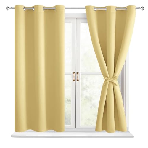 Hiasan Blackout Curtains for Bedroom - Thermal Insulated & Energy Saving Window Curtains for Living Room, 2 Drape Panels Sewn with Tiebacks, Light Yellow, 42 x 54 Inch