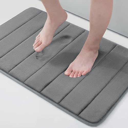 "Buganda Memory Foam Bath Mat Rug, 24"" x 16"", Ultra Soft and Non-Slip Bathroom Rugs, Water Absorbent and Machine Washable Bath Rug for Bathroom, Shower, and Tub, Grey"
