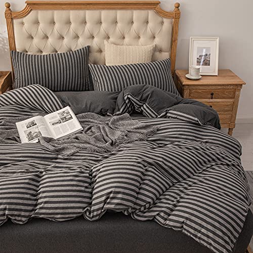 PURE ERA Jersey Knit Duvet Cover Set 100% T-Shirt Heather Cotton Super Soft Comfy Classic Striped Design, with Zipper Closure, Charcoal Dark Grey Stripe, Full