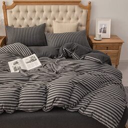 PURE ERA Jersey Knit Duvet Cover Set 100% T-Shirt Heather Cotton Super Soft Comfy Classic Striped Design, with Zipper Closure, Charcoal Dark Grey Stripe, Full