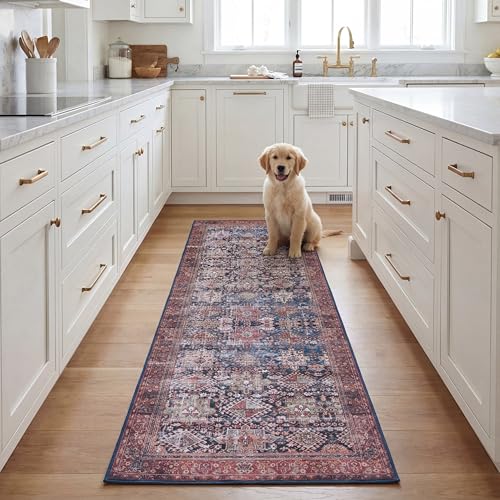Safavieh Traditional Rug Ideal for High Traffic Areas - Machine Washable and Non Slip - Tucson Collection, Short Pile, in Navy and Rust, 76 X 183 cm