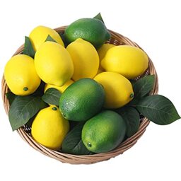 VEOAY Artificial Lemons, 3.1''×2.2'' Faux Lemon Fake Limes with Leaves, Lifelike Fake Lemon Decor for Kitchen Table Cabinet Party, Plastic Fruits Photography Prop 36PCS