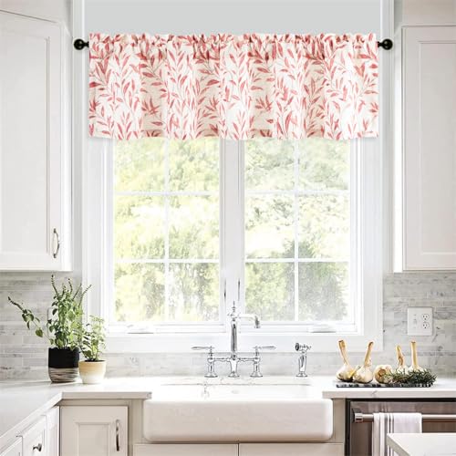 VOGOL Red Leaf Printed Kitchen Window Valances - Faux Linen Country Style Light Filtering Curtains for Bedroom or Dining Room, Rod Pocket Window Topper, 60x14 Inches, 1 Panel
