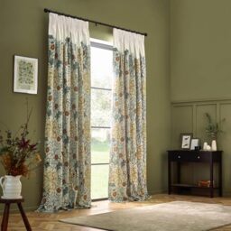 Morris&Co. Seaweed Pencil Pleat Curtain Pair – Lined Velvet Floral Art Nouveau Drapes (Stone/Sunflower - 229x137cm)