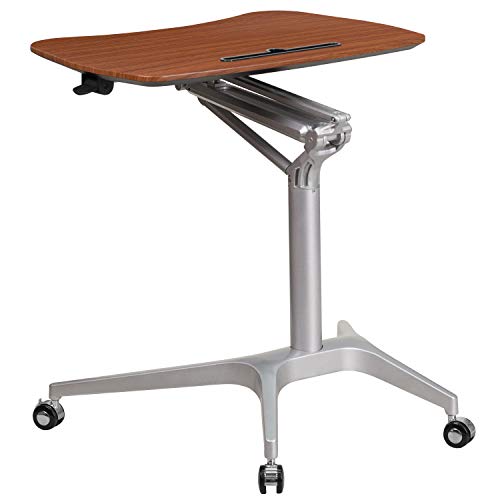 Flash Furniture Mobile Laptop Desk Sit-Down and Stand-Up Computer Computer Desk with Adjustable Height Range, Ergonomic Office Desk with Pen Holder on Wheels, Mahogany