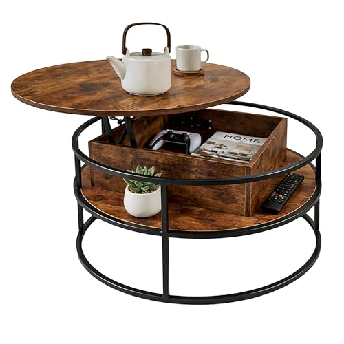 Relaxdays height-adjustable coffee table with storage, H x D 46 x 80 cm, lift-top, MDF/iron, brown/black