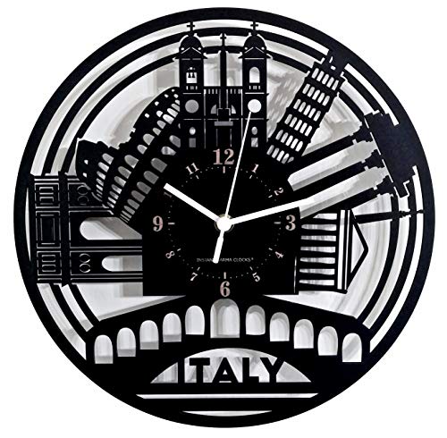 Instant Karma Clocks - Italy Wall Clock with Rome, Pisa, Venice and Milan Landmarks - Silent No-Ticking - Perfect for Bedroom, Office, Studio, Cabin, Living Room - Unique Decoration