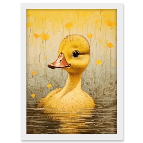 Artery8 Yellow Duckling Kids Bedroom Baby Nursery Calm Elegant Artwork Framed A3 Wall Art Print