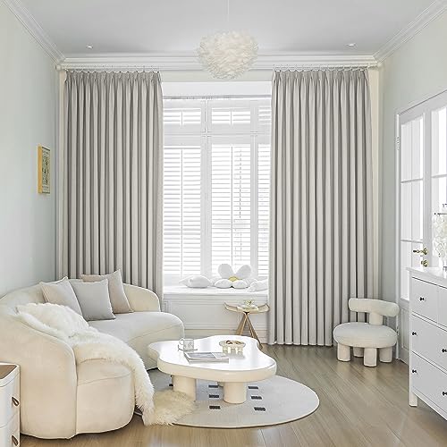MAIHER 84'' W x 84'' L Full Blackout Pinch Pleat Curtain Linen Textured Curtain with Hooks Tieback Sound Proof Energy Saving Pleated Drape for Traverse Rod and Track, Greyish Beige, 1 Panel