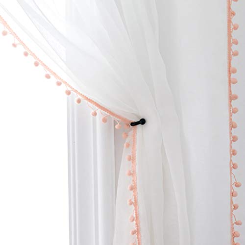 Selectex Set of 2 Sheer Curtains with Tassels Linen Look 52 x 95 Inches White/Blush