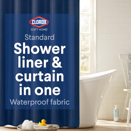 "Clorox 2-in-1 Bathroom Shower Curtain Liner, Durable Fabric, Weighted Magnets for Bath Water Control, Washable Premium Quality, Modern - 72"" x 72"" Blue"