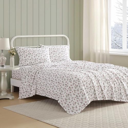 Laura Ashley - Queen Bed Sheets, Cotton Flannel Bedding Set with Matching Pillowcases, Brushed for Extra Softness, Deep Pocket, Oeko-Tex Certified (Berry Bright Red)
