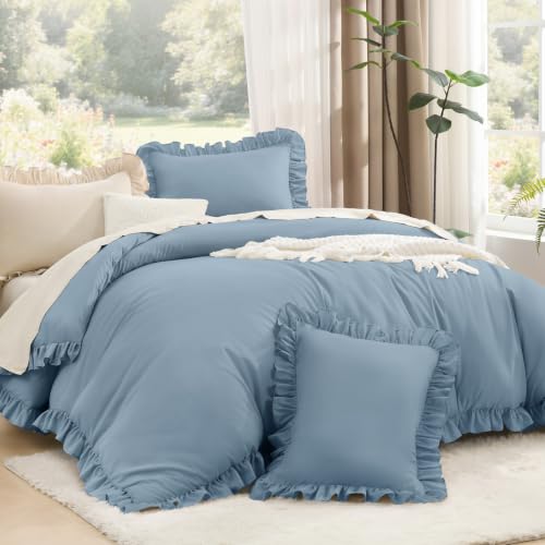 Litanika Grayish Blue Full Size Comforter Sets, 3 Pieces Ruffle Farmhouse Aesthetic Bedding Comforter Sets, All Season Soft Lightweight Fluffy Microfiber Bed Set(79x90In Comforter, 2 Pillowcases)