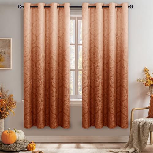 DWCN Ombre Curtains 63 inches Long - Damask Pattern Ombre Thermal Insulated Grommet Room Darkening Window Blackout Curtains for Bedroom/Living Room, W 52 x L 63 Inch, Set of 2 Panels, Burnt Orange