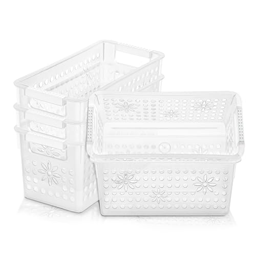 Cetomo Plastic Storage Box, Storage Baskets with Handle, Shelf Basket Organizer with Hole, Open Top Storage Bin for Home Kitchen Office, Transparent, 6 Pack (29 x 13.5 x 12.5 cm)