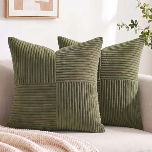 Fancy Homi 2 Packs Olive Green Decorative Throw Pillow Covers 20x20 Inch for Living Room Couch Bed Sofa, Rustic Farmhouse Boho Home Decor, Soft Corss Corduroy Patchwork Accent Cushion Case 50x50 cm