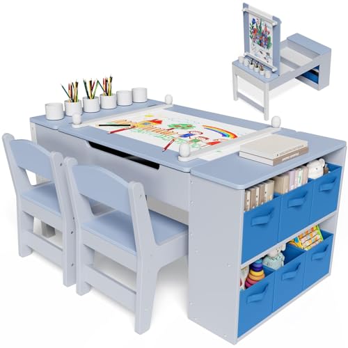 Clevich Kids Table and Chair Sets, Wooden Children Painting Table with 2 Chairs, 6 Storage Boxes, Paper Roll, Toddler DrawingTable and Chairs Set for Crafting, Writing and Learning