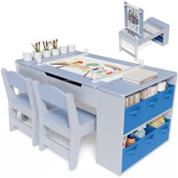 Clevich Kids Table and Chair Sets, Wooden Children Painting Table with 2 Chairs, 6 Storage Boxes, Paper Roll, Toddler DrawingTable and Chairs Set for Crafting, Writing and Learning