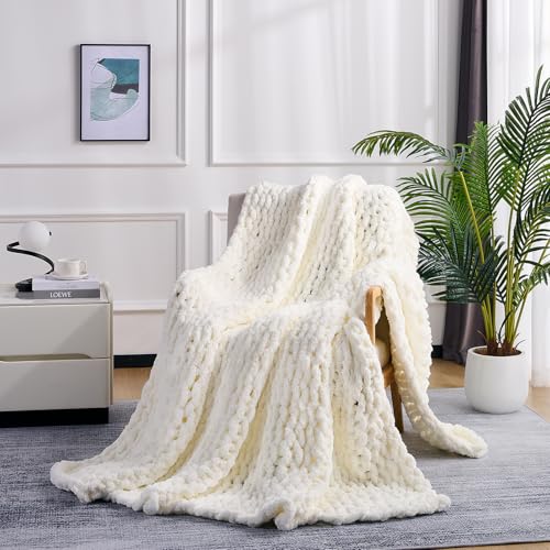 L'AGRATY Chunky Knit Throw Blanket for Couch, 72 x 84 Inches, Cream White - Handmade Chenille Crochet Blanket for Sofa Bed, Thick Cable Knitted Blankets for Room Home Decor, Birthday Gift for Women Mom