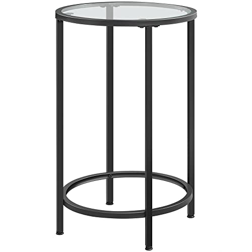 Yaheetech Round Side Table, Small Coffee Table Tall Telephone Table With Sturdy Metal Frame, Modern End Table with Tempered Glass Top, Sofa Table for Living Room/Bedroom, Black