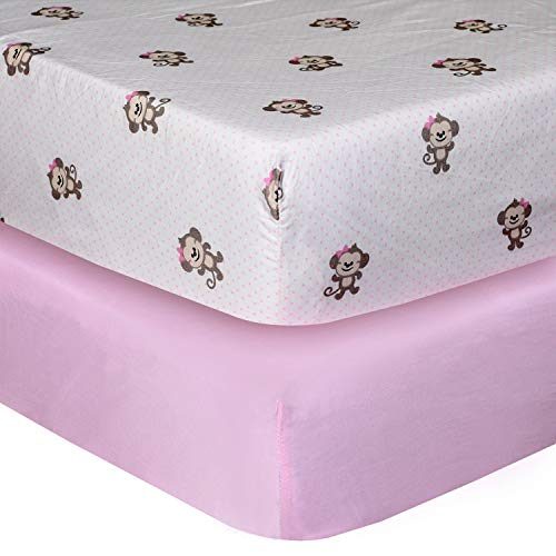 Cuddles & Cribs 2 Pack GOTS Certified Organic Cotton Fitted Crib Sheet ??? Monkey Pink