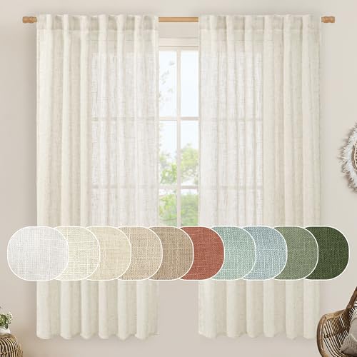 LAMIT - Linen Semi Sheer Curtains Natural Look Light Filtering Back Tab Rod Pocket Window Drapes for Bedroom 2 Panels Set, 52 x 72 Inch, Cream Ivory