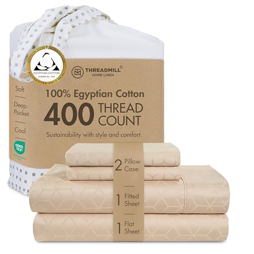 Threadmill Egyptian Cotton Sheets for King Size Bed - 100% Certified Egyptian Cotton King Bed Sheets Set - Snug Fit Elastic Deep Pocket King Sheets Soft, Breathable Damask Jacquard - Beige